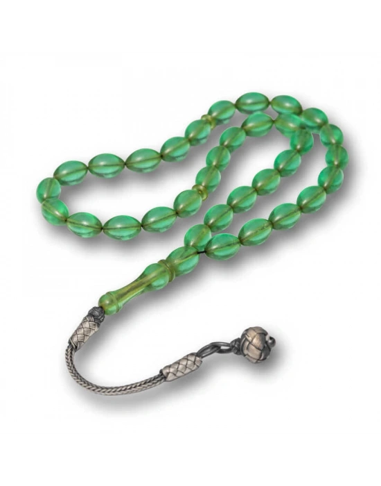 MuI MuI Gümüş Top Kazaz Püsküllü Yeşil Sıkma Kehribar Tesbih