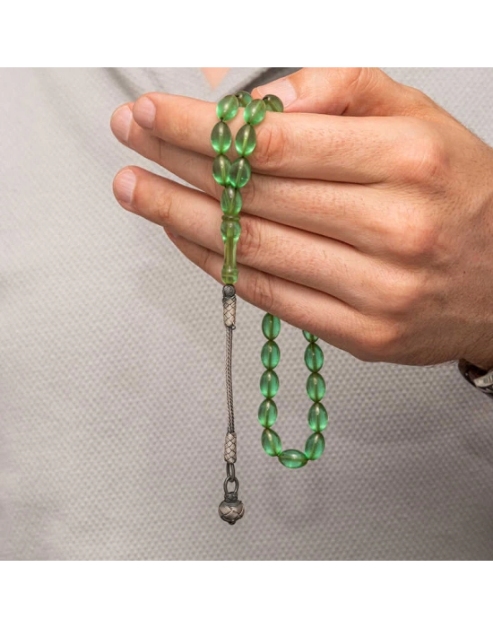MuI MuI Gümüş Top Kazaz Püsküllü Yeşil Sıkma Kehribar Tesbih