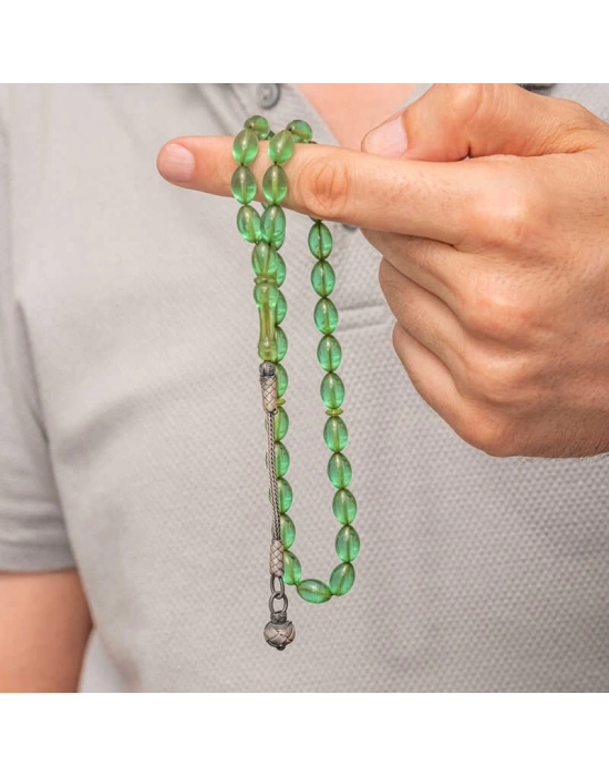 MuI MuI Gümüş Top Kazaz Püsküllü Yeşil Sıkma Kehribar Tesbih