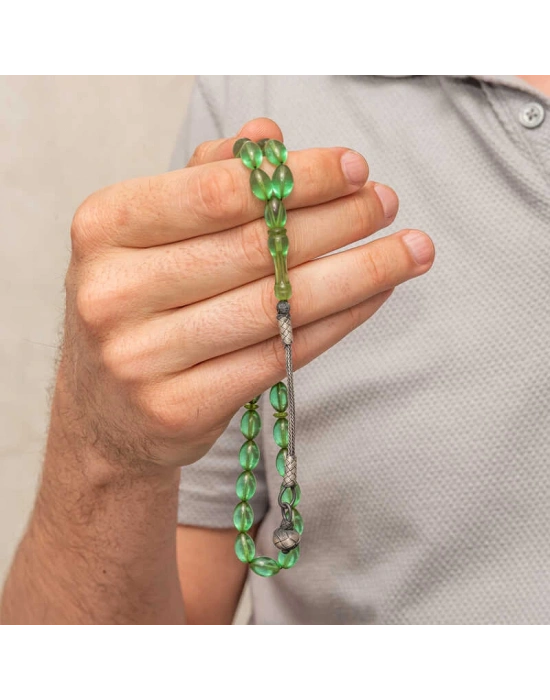 MuI MuI Gümüş Top Kazaz Püsküllü Yeşil Sıkma Kehribar Tesbih