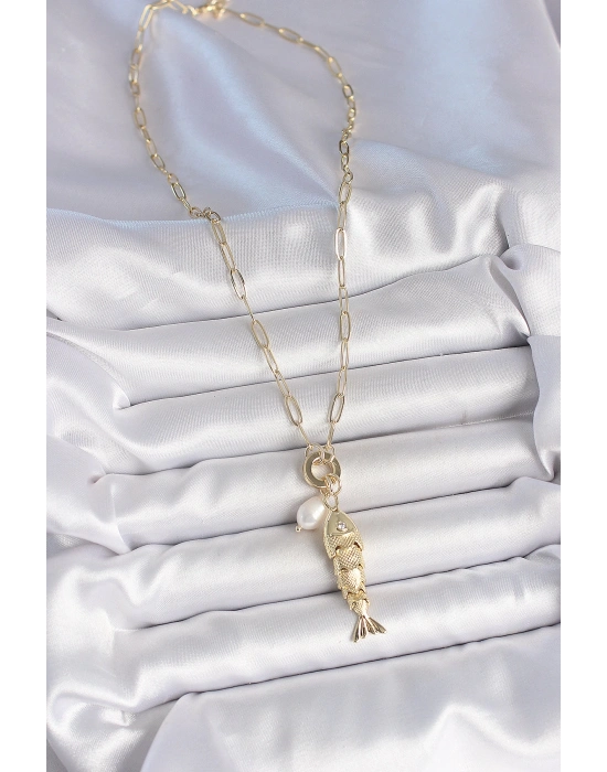 MuI MuI İnci Detaylı Zirkon Taşlı Balık Figürlü Gold Renk Pirinç Kolye