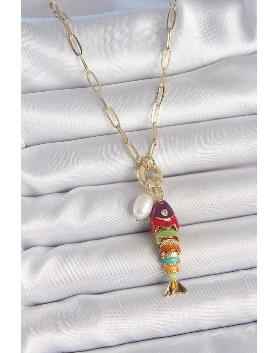 MuI MuI İnci Detaylı Zirkon Taşlı Rainbow Balık Figürlü Gold Renk Pirinç Kolye