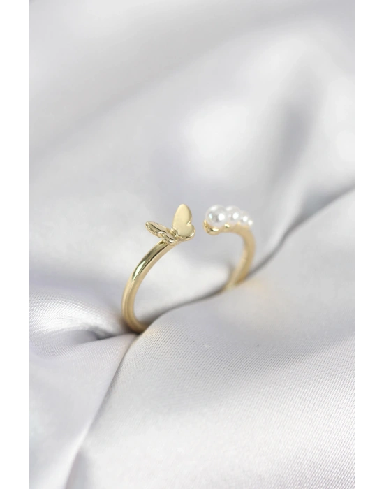 MuI MuI Perlen-Schmetterlingsmodell Goldfarbener Messing-Damenring