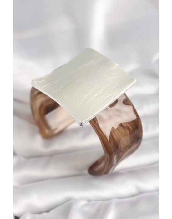 MuI MuI Kahverengi Mermer Desen Akrilik Plastik Gümüş Kare Plaka Model Vintage Kadın Bilezik