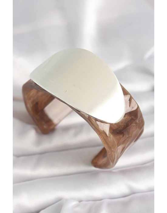 MuI MuI Kahverengi Mermer Desen Akrilik Plastik Gümüş Oval Plaka Model Vintage Kadın Bilezik