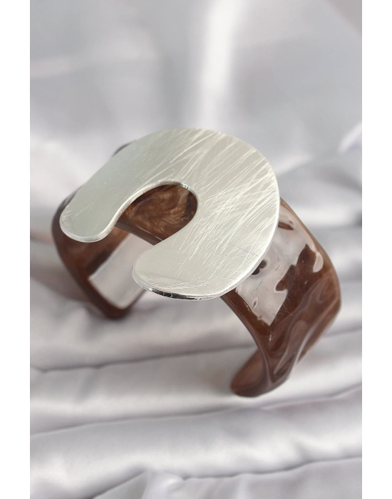 MuI MuI Kahverengi Mermer Desen Akrilik Plastik Gümüş Plaka Model Vintage Kadın Bilezik