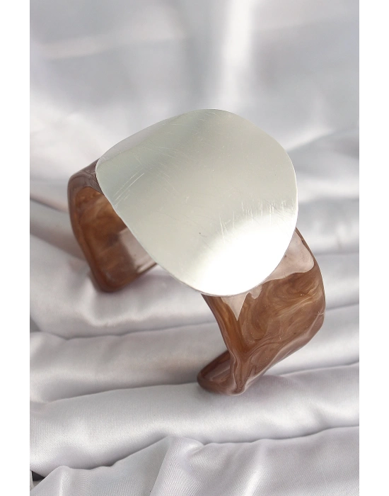 MuI MuI Kahverengi Mermer Desen Akrilik Plastik Gümüş Plaka Model Vintage Kadın Bilezik