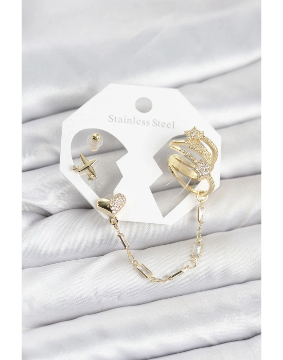 MuI MuI Kalp Yıldız Model Pirinç Gold Renk Zincir Bağlantılı Ear Cuff Küpe Seti