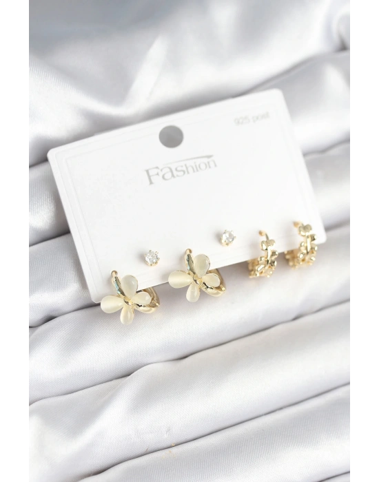 MuI MuI Kelebek Model Gold Renk Pirinç 925 Ayar Gümüş Çivili Kadın Küpe Seti