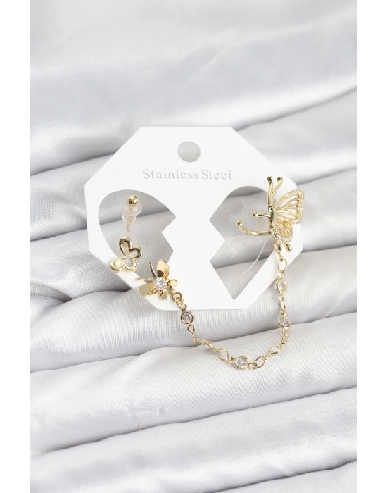 MuI MuI Kelebekli Model Pirinç Gold Renk Zincir Bağlantılı Ear Cuff Küpe Seti