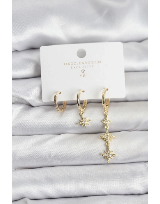 MuI MuI Kutup Yıldızı Model Gold Renk Pirinç 3lü Kadın Küpe Seti