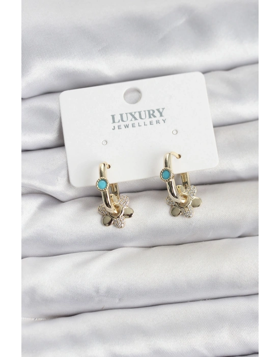 MuI MuI Mavi Taş Detaylı Pirinç Gold Renk Kadın Göçmen Küpesi