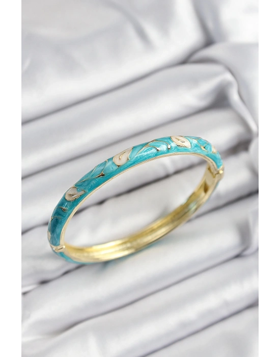 MuI MuI Mineli Pirinç Krem Ve Turkuaz Yaprak Motifli Gold Renk Kadın Kelepçe