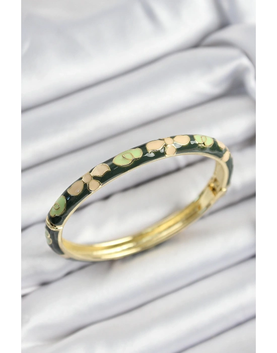 MuI MuI Mineli Pirinç Krem Ve Yeşil Çiçek Motifli Gold Renk Kadın Kelepçe