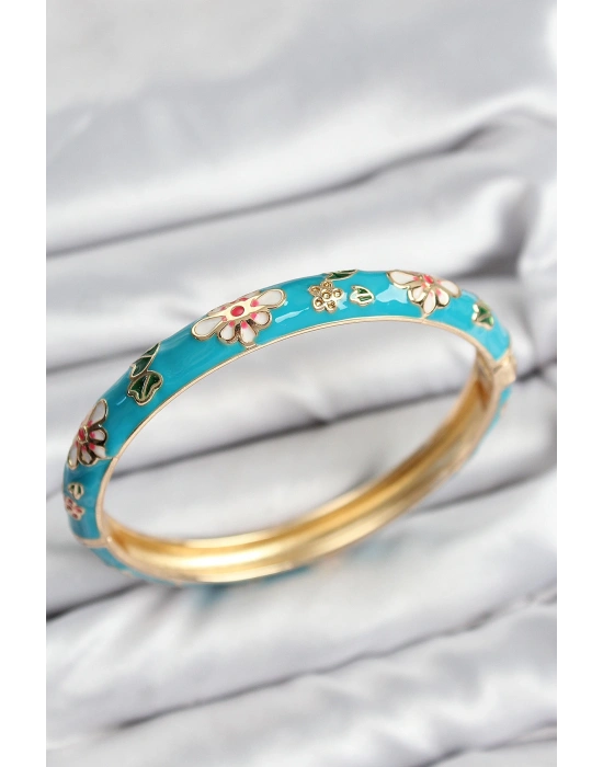 MuI MuI Mineli Pirinç Mavi Çiçek Motifli Gold Kadın Kelepçe