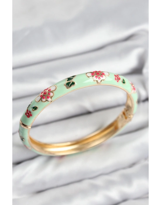 MuI MuI Mineli Pirinç Su Yeşili Çiçek Motifli Gold Kadın Kelepçe