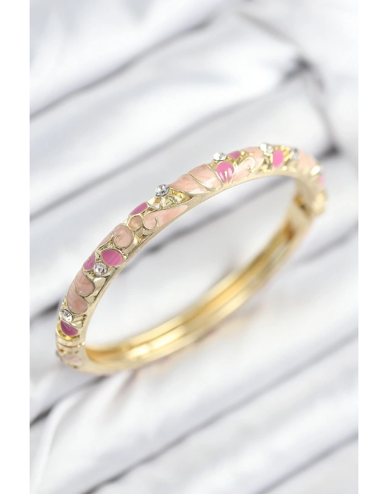 MuI MuI Mineli Pirinç Zirkon Taşlı Pembe Çiçek Motifli Gold Kadın Kelepçe