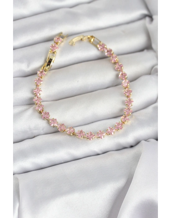 MuI MuI Pembe Kare Zirkon Taşlı Gold Renk Pirinç Su Yolu Kadın Bileklik