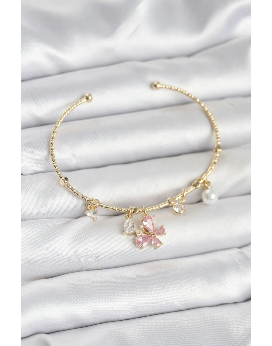 MuI MuI Pembe Kelebek Charmlı Gold Renk Kadın Bileklik