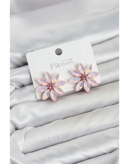 MuI MuI Pembe Renk Kristal Taşlı Lotus Çiçek Model Kadın Küpe