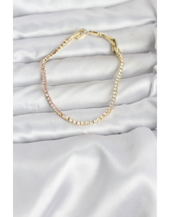MuI MuI Pembe ve Beyaz Zirkon Taşlı Gold Renk Su Yolu Kadın Bileklik