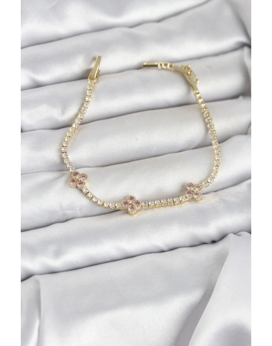 MuI MuI Pembe Yonca Detaylı Zirkon Taşlı Gold Renk Pirinç Su Yolu Kadın Bileklik