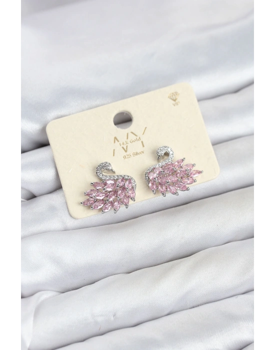 MuI MuI Pembe Zirkon Taşlı Gümüş Swan Kuğu Model Kadın Küpe