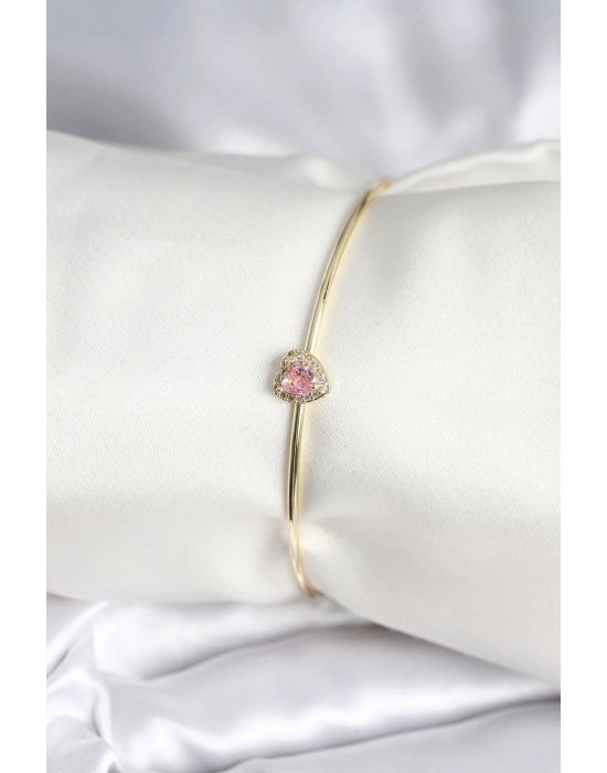 MuI MuI Pembe Zirkon Taşlı Kalp Model Gold Renk Kadın Bileklik