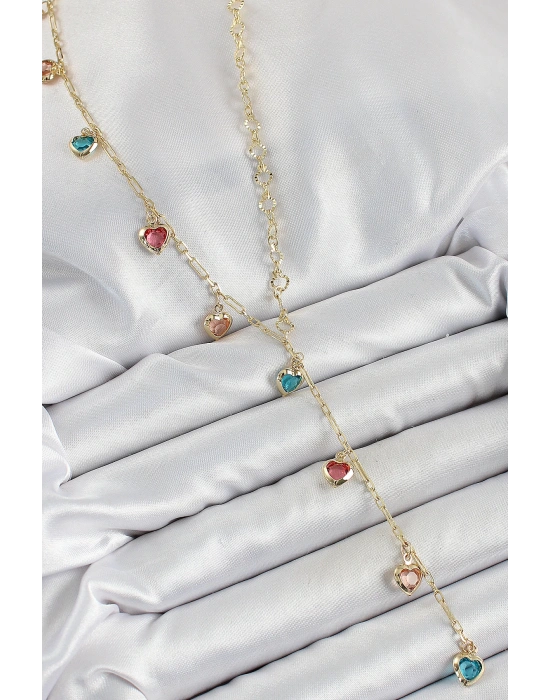 MuI MuI Pirinç Asorti Kalp Model Gold Renk Zirkon Taşlı Y Kolye