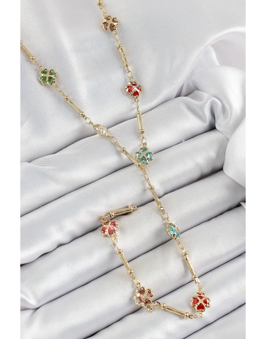 MuI MuI Pirinç Asorti Kalpli Yonca Model Gold Renk Zirkon Taşlı Y Kolye