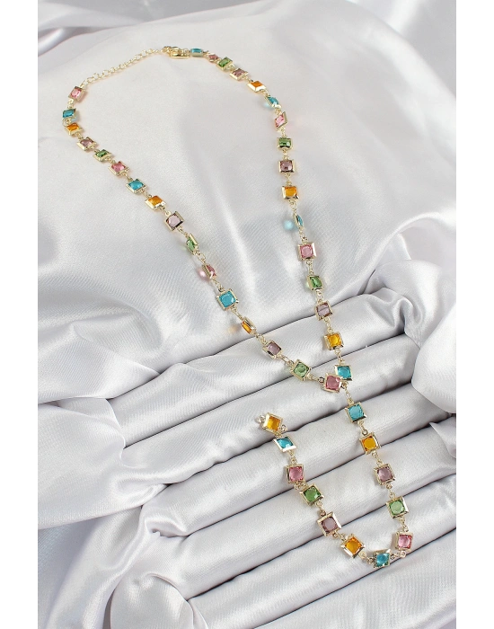 MuI MuI Pirinç Asorti Kare Model Gold Renk Zirkon Taşlı Y Kolye