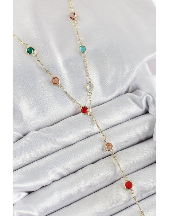 MuI MuI Pirinç Asorti Model Gold Renk Zirkon Taşlı Y Kolye