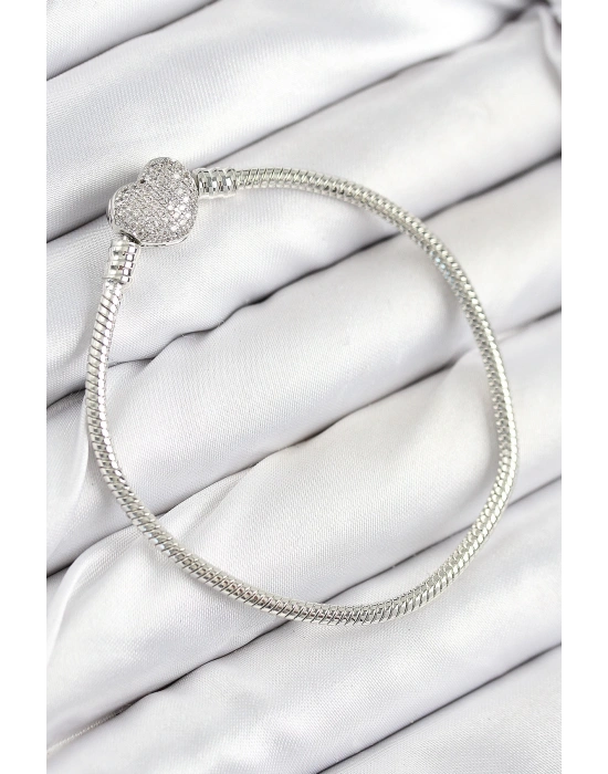 MuI MuI Pirinç Charm Zirkon Taşlı Kalp Model Gümüş Renk Kadın Bileklik