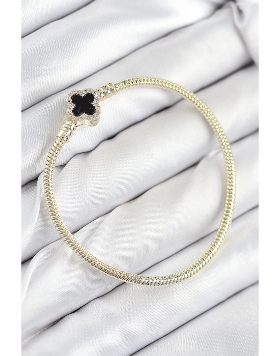 MuI MuI Pirinç Charm Zirkon Taşlı Yonca Model Gold Renk Kadın Bileklik