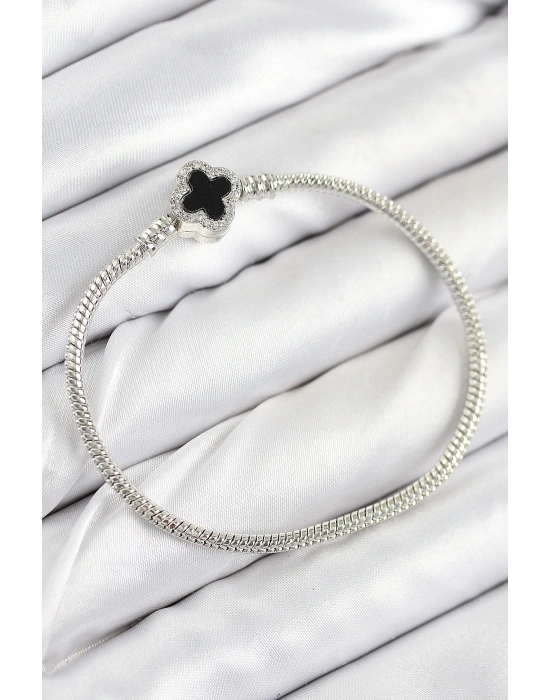 MuI MuI Pirinç Charm Zirkon Taşlı Yonca Model Gümüş Renk Kadın Bileklik