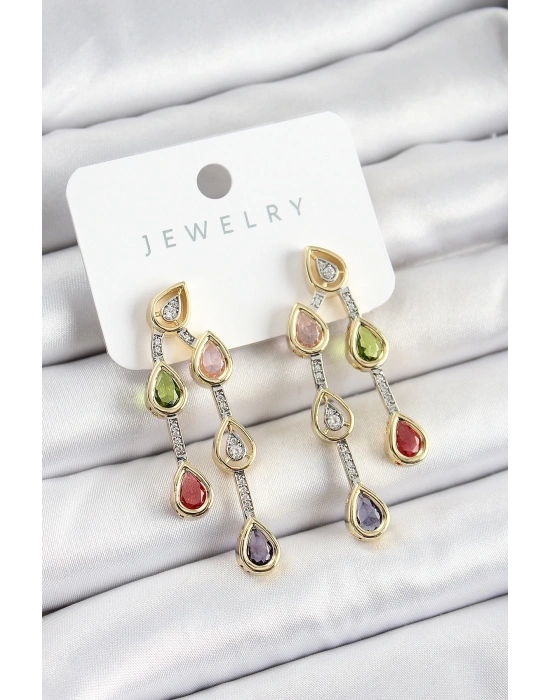 MuI MuI Pirinç Çoklu Damla Model Karşık Zirkon Taşlı Gold Ve Gümüş Renk Kadın Küpe