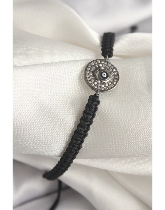 MuI MuI Pirinç Füme Renk Zirkon Taşlı Nazar Boncuk İşleme Makrome Asansörlü Model Kadın Bileklik