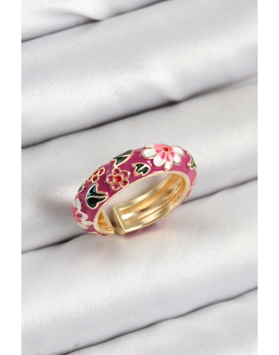 MuI MuI Pirinç Fuşya Mineli Çiçek Motifli Gold Renk Ayarlanabilir Kadın Yüzük