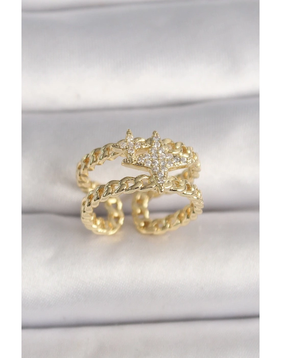 MuI MuI Pirinç Gold Renk 2Li Zincir Zirkon Taşlı Yıldız Figür Kadın Yüzük