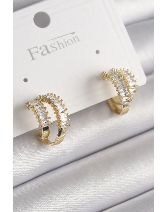MuI MuI Pirinç Gold Renk 2Li Zirkon Taşlı Halka Model Kadın Küpe