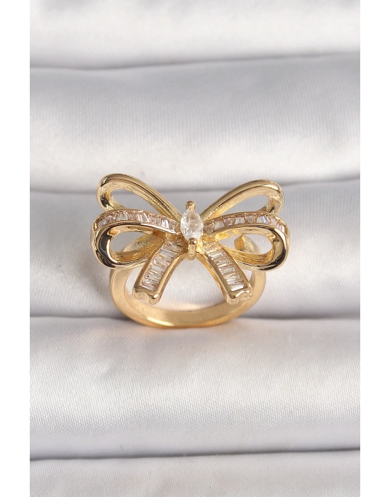 MuI MuI Pirinç Gold Renk Ayarlanabilir Zirkon Taşlı Kurdele Model Kadın Yüzük