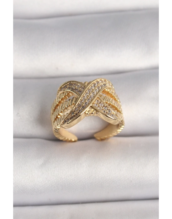 MuI MuI Pirinç Gold Renk Ayarlanabilir Zirkon Taşlı X Model Kadın Yüzük