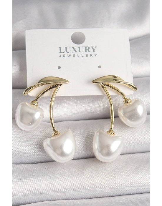 MuI MuI Pirinç Gold Renk Beyaz İnci Kiraz Model Kadın Küpe