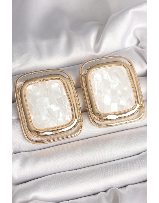 MuI MuI Pirinç Gold Renk Beyaz Mineli Kare Model Kadın Küpe