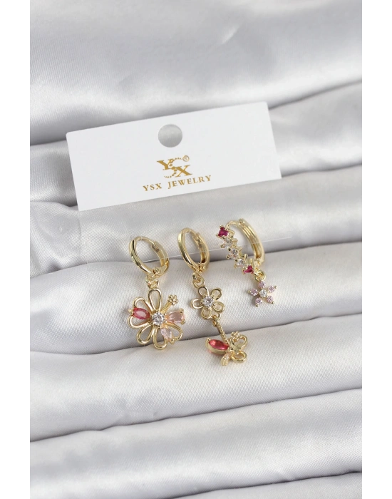 MuI MuI Pirinç Gold Renk Çiçek Model 3lü Kadın Küpe
