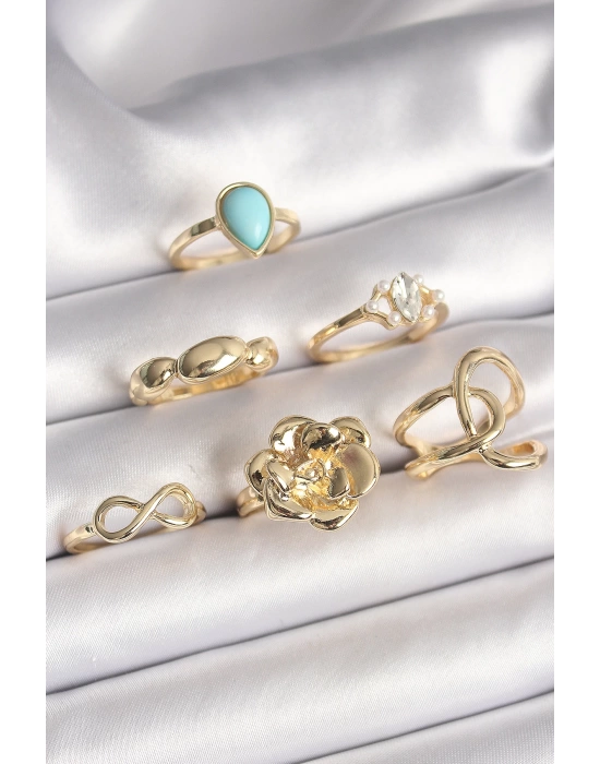 MuI MuI Pirinç Gold Renk Çiçek Model Model Sonsuzluk Zirkon Taş Detaylı 6Lı Kadın Yüzük Seti