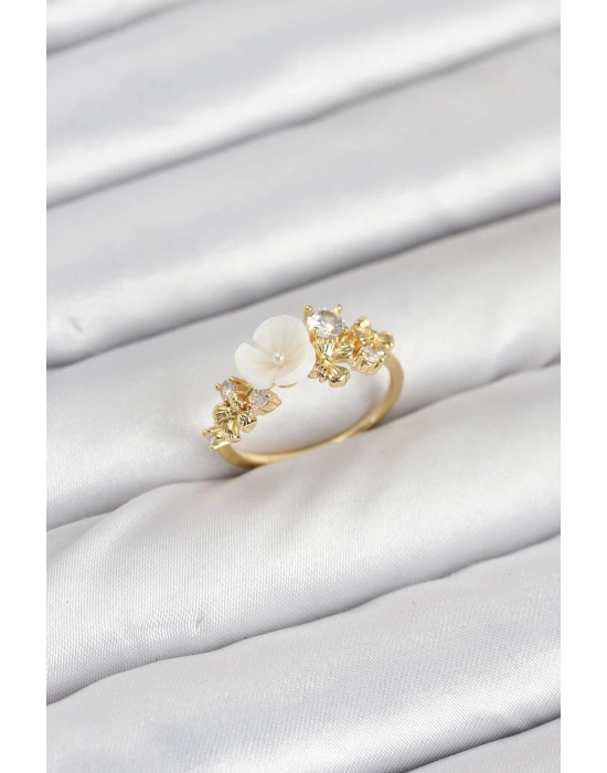 MuI MuI Pirinç Gold Renk Çiçek Model Zirkon Taşlı Kadın Yüzük