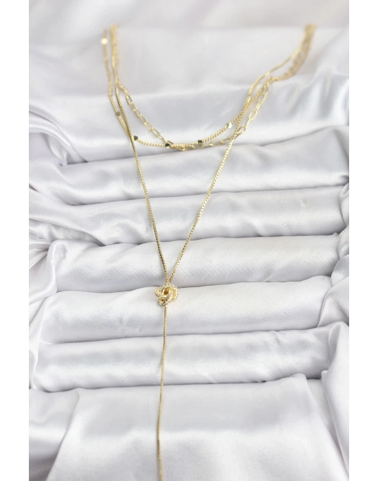 MuI MuI Pirinç Gold Renk Düğüm Model Detaylı 3lü Kombin Y Kadın Kolye