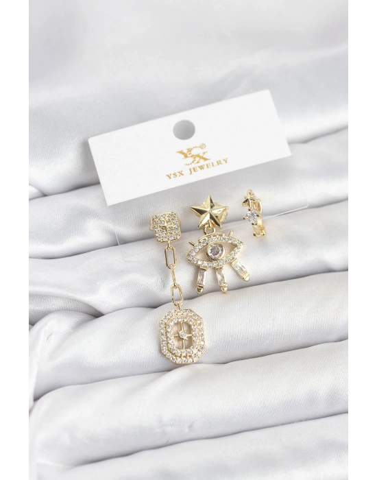 MuI MuI Pirinç Gold Renk Göz ve Kutup Yıldızı Model YSX Trio Küpe Seti