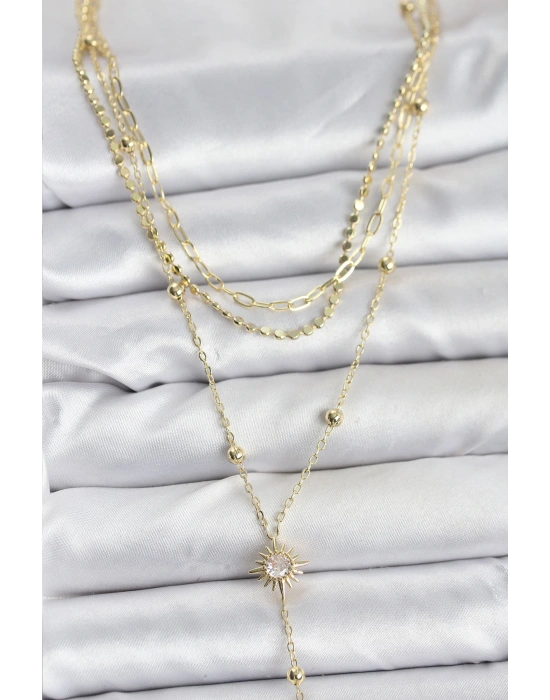 MuI MuI Pirinç Gold Renk Güneş Model Detaylı 3lü Kombin Y Kadın Kolye